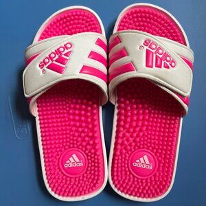 Pink and White Adidas Slides with massage nubbs. Kids Size 3